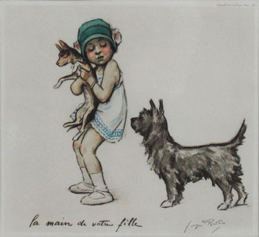 La Main De Votre Fille original vintage poster by Georges Redon from 1926 France. Features a little girl holding a dog in her hands and a second dog looking at them.