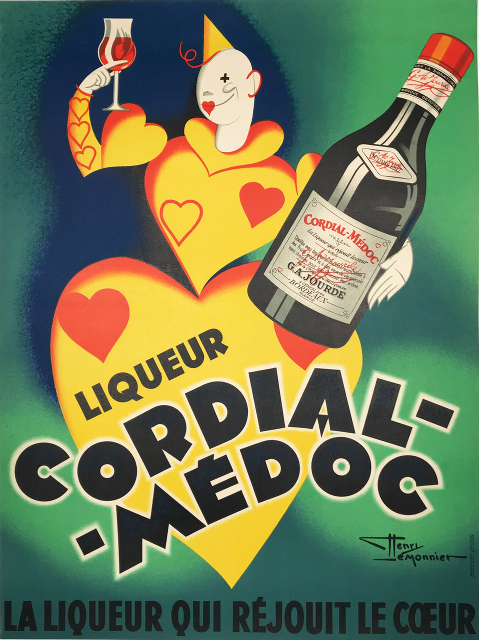 Cordial Medoc Liquor Poster By Henry LeMonnier Original 1938 Vintage Apertif Stone Lithograph Advertisement Linen Backed.