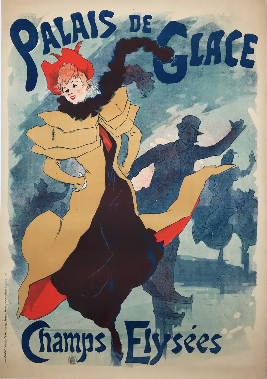 Palais De Glace Champs Elysees by Jules Cheret Original 1893 Vintage French Ice Rink Advertisement Stone Lithograph Antique Poster Linen Backed.  Belle Epoche Woman on ice skates in yellow coat and red hat with black boa around her neck.