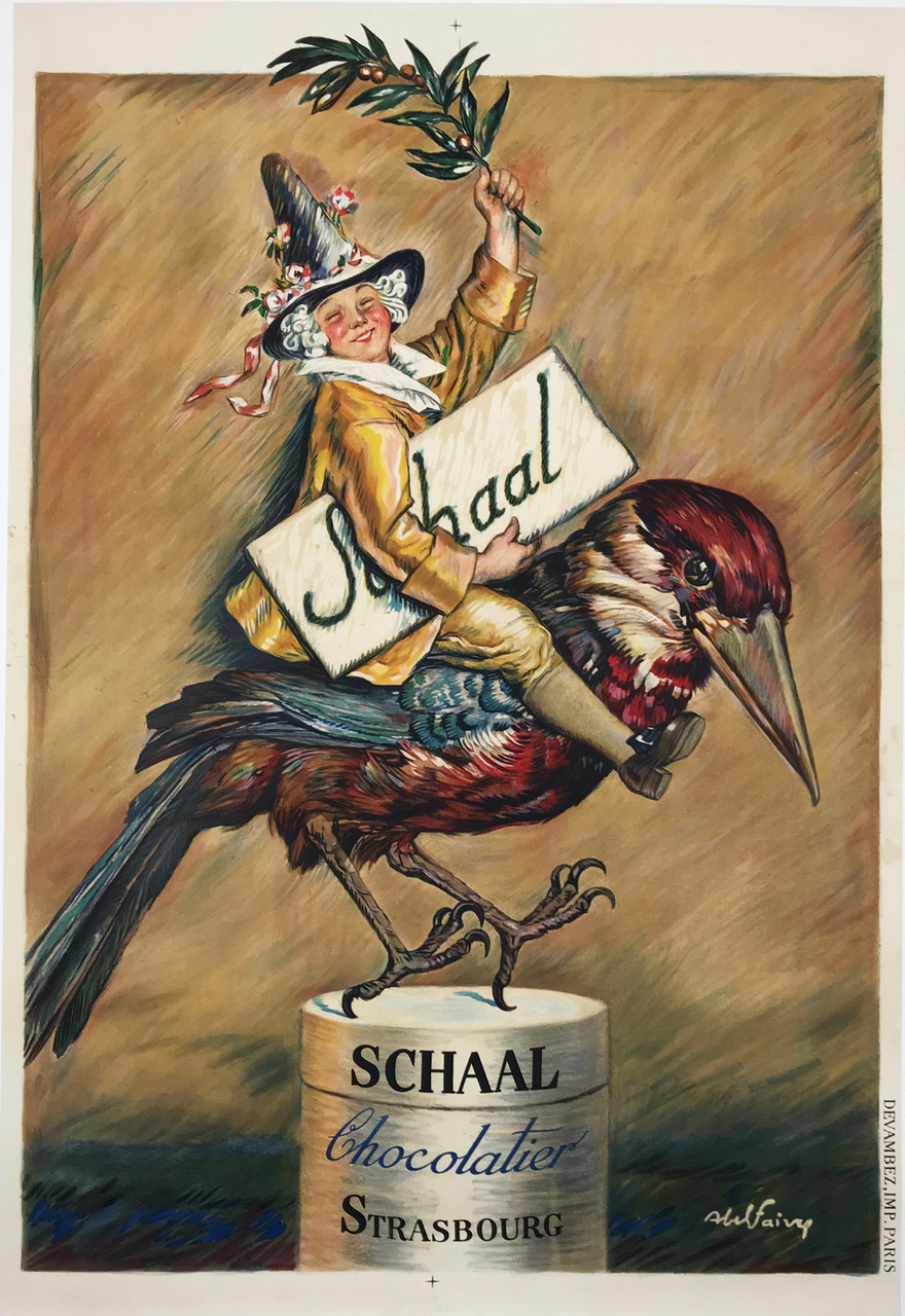 Schaal Chocolatier Strasbourg by Abel Faivre Original 1920 French Vintage Chocolate Advertisisement Stone Lithograph Poster Linen Backed... culinary / food poster features a excited lady in a pointed hat riding a bird while holding a cocoa branch and a oversized chocolate bar.