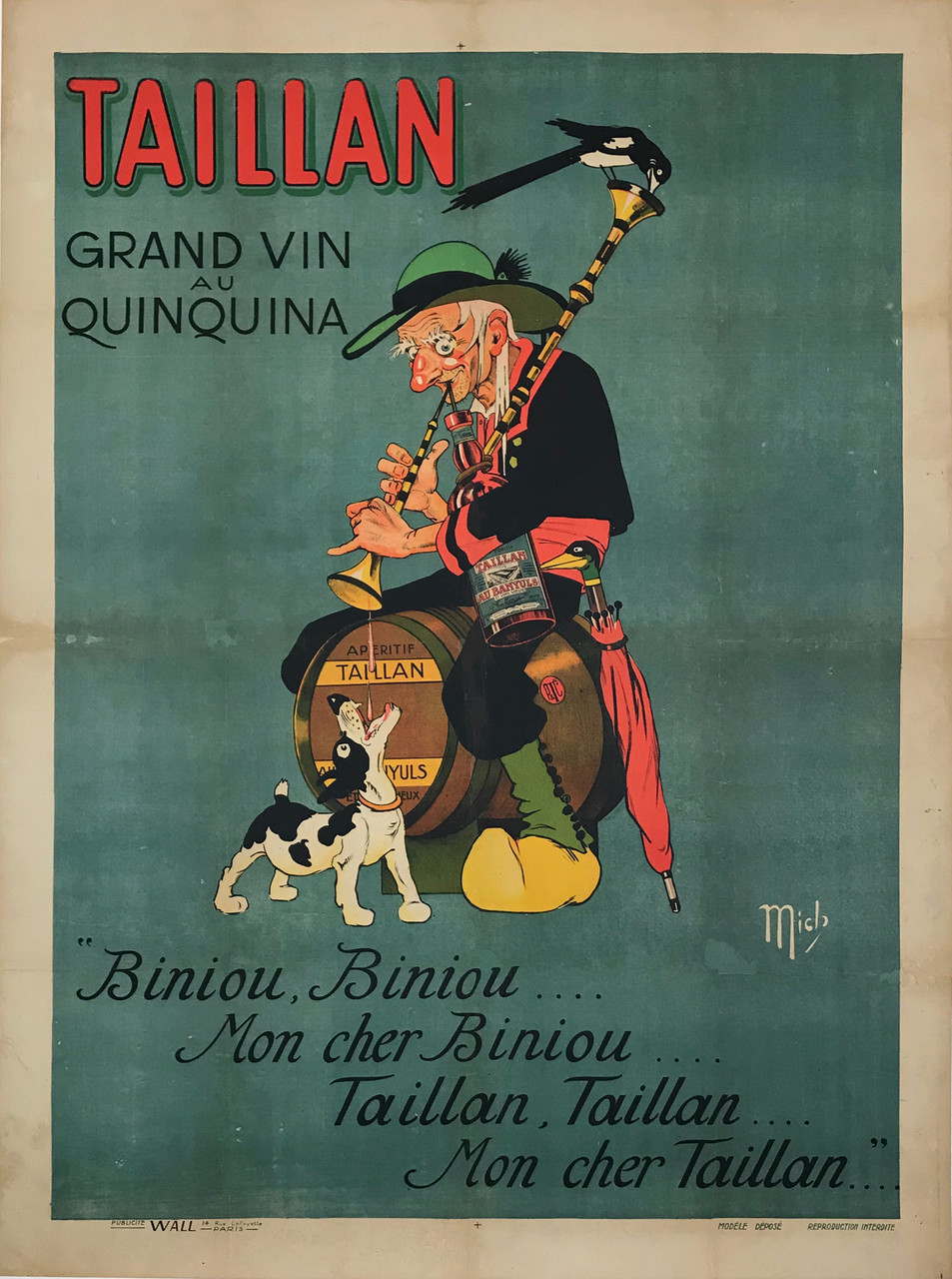 Taillan Grand Vin Au Quinquina by Mich Original 1920 Vintage French Wine Advertisement Stone Lithograph Poster Linen Backed.