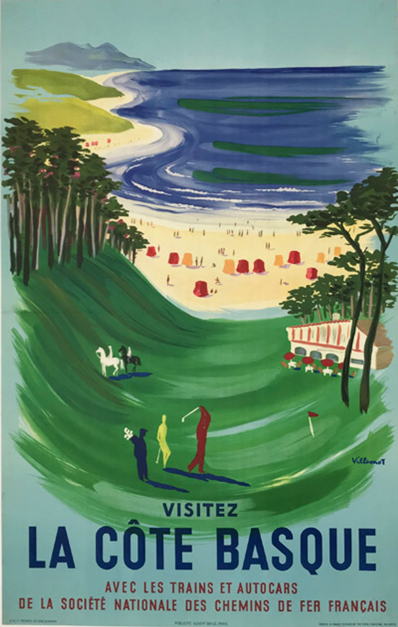 La Cote Basque Chemins de Fer Franciase original French vintage lithograph travel advertisement poster by Bernard Villemot from 1957 France. Advertising beautiful beach view, people paying golf and horseback riding.