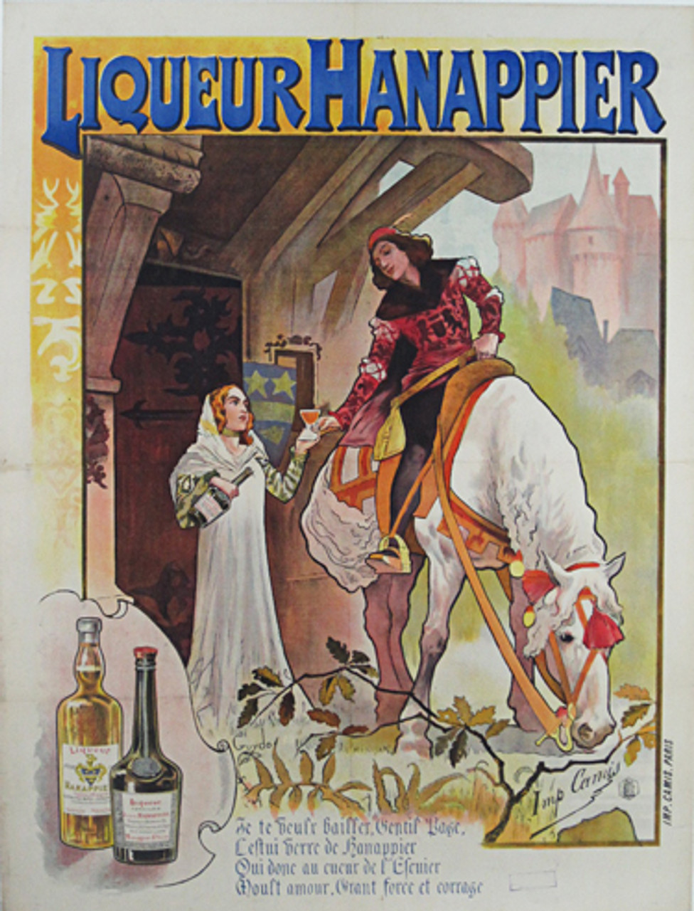 Liqueur Hanappier by Guydo from 1897 - French wine and spirits poster features a nobleman on a horse receiving a glass of liqueur from a women in white. We specialize in Original Vintage and Antique Posters.