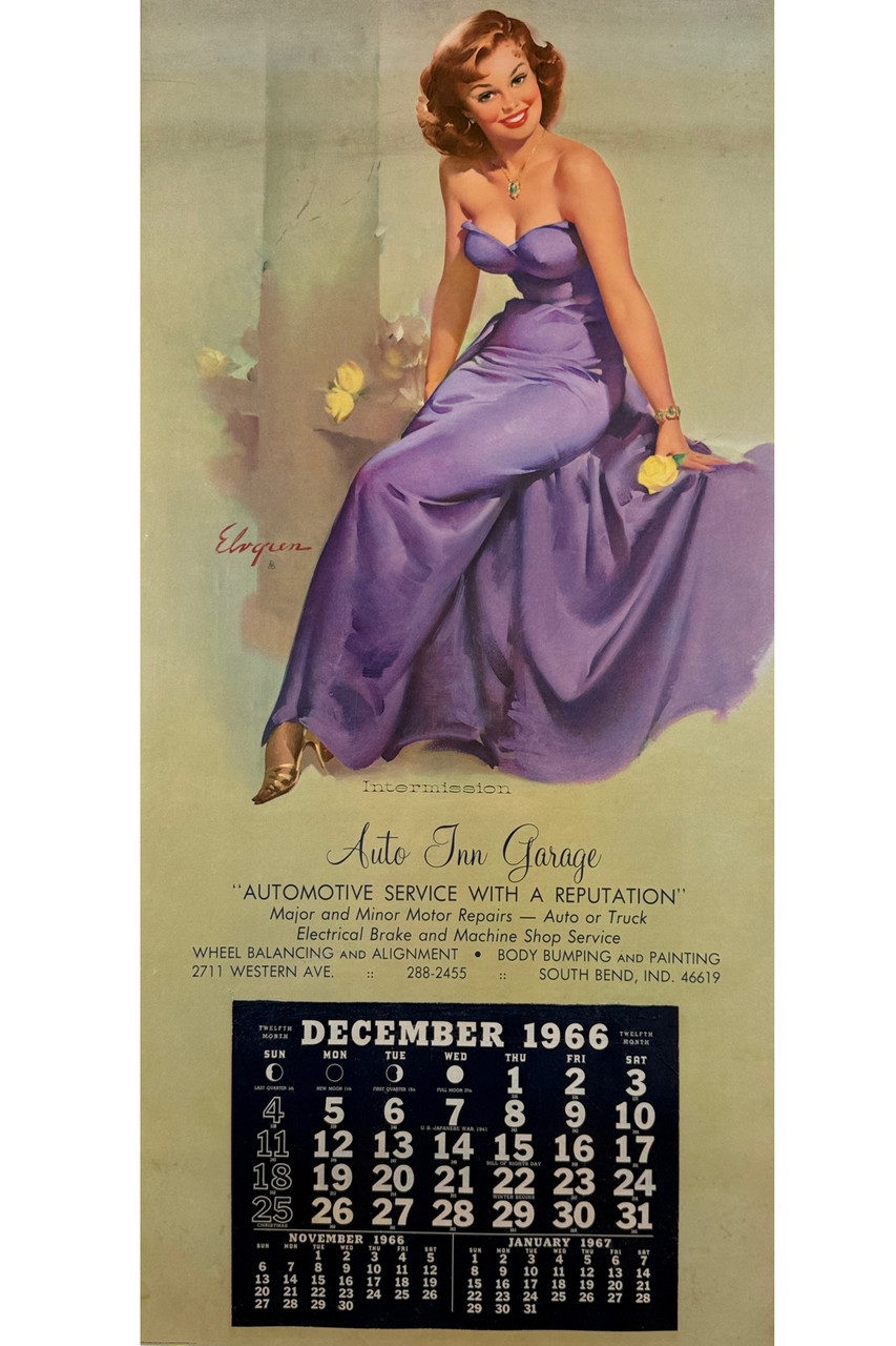 Intermission Pin Up Girl By Gil Elvgren Original 1966 Vintage USA Auto Inn Garage Calendar Lithograph Advertisement Linen Backed.