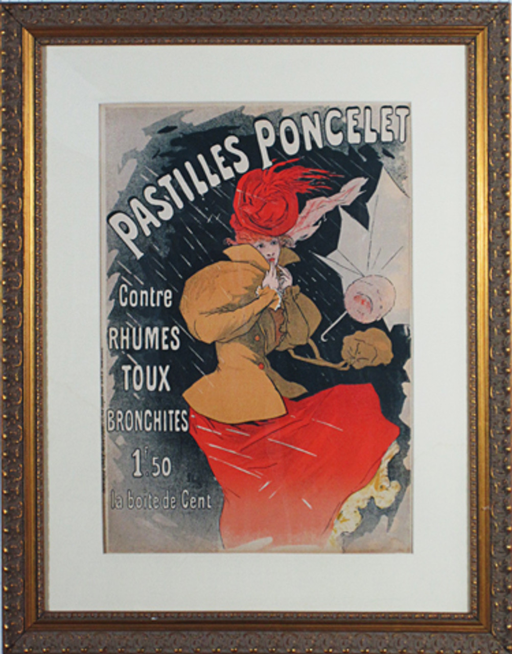 Original vintage French stone lithograph advertising Poster - Pastilles Poncelet by Jules Cheret from 1896. Courrier Francaise Supplement.