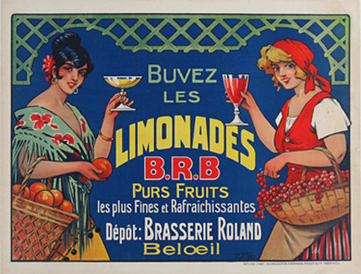 Limonades B.R.B. "Brasserie Roland Beloeil" Original Vintage Poster from 1920 Belgium. This original antique poster features a two women holding in one hand basket of fruits, in second hand glass of lemonade on blue background.