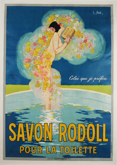 Savon Rodoll original vintage poster by J. Stall from 1924 France. French odd product poster features a woman standing in a bath surrounded by flower cloud holding a bar of soap against a blue background. Art Deco Posters.