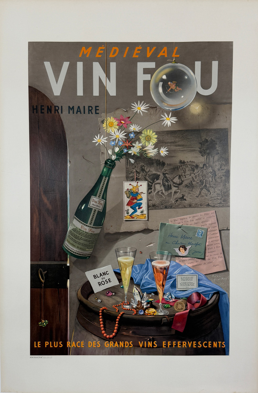 Vin Fou Henri Maire Poster by Paul Grimault Original 1955 Vintage French Winery Offset Lithograph Advertisement Linen Backed.