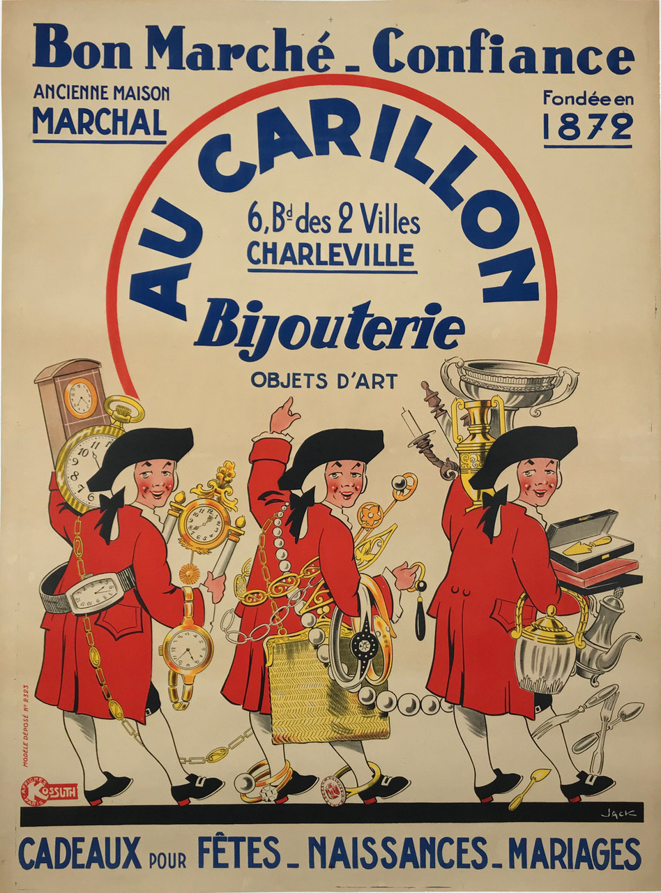 Bijouterie Au Carillon Original 1930 Vintage French Advertising Lithograph Poster by Jack Linen Backed