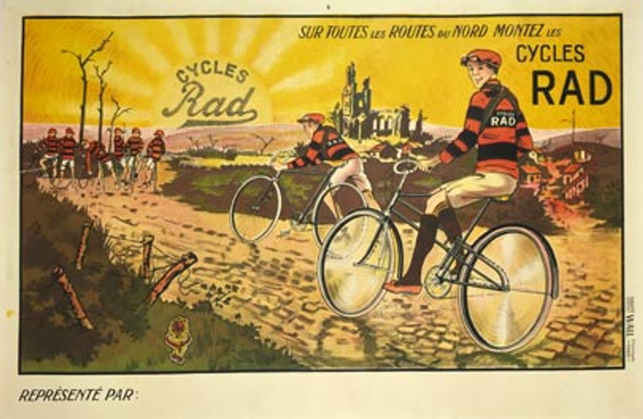 Cycles French poster features a team of cyclists on bikes on a dirt road with the sun rising on the horizon. Authentic vintage bicycles posters only originals.