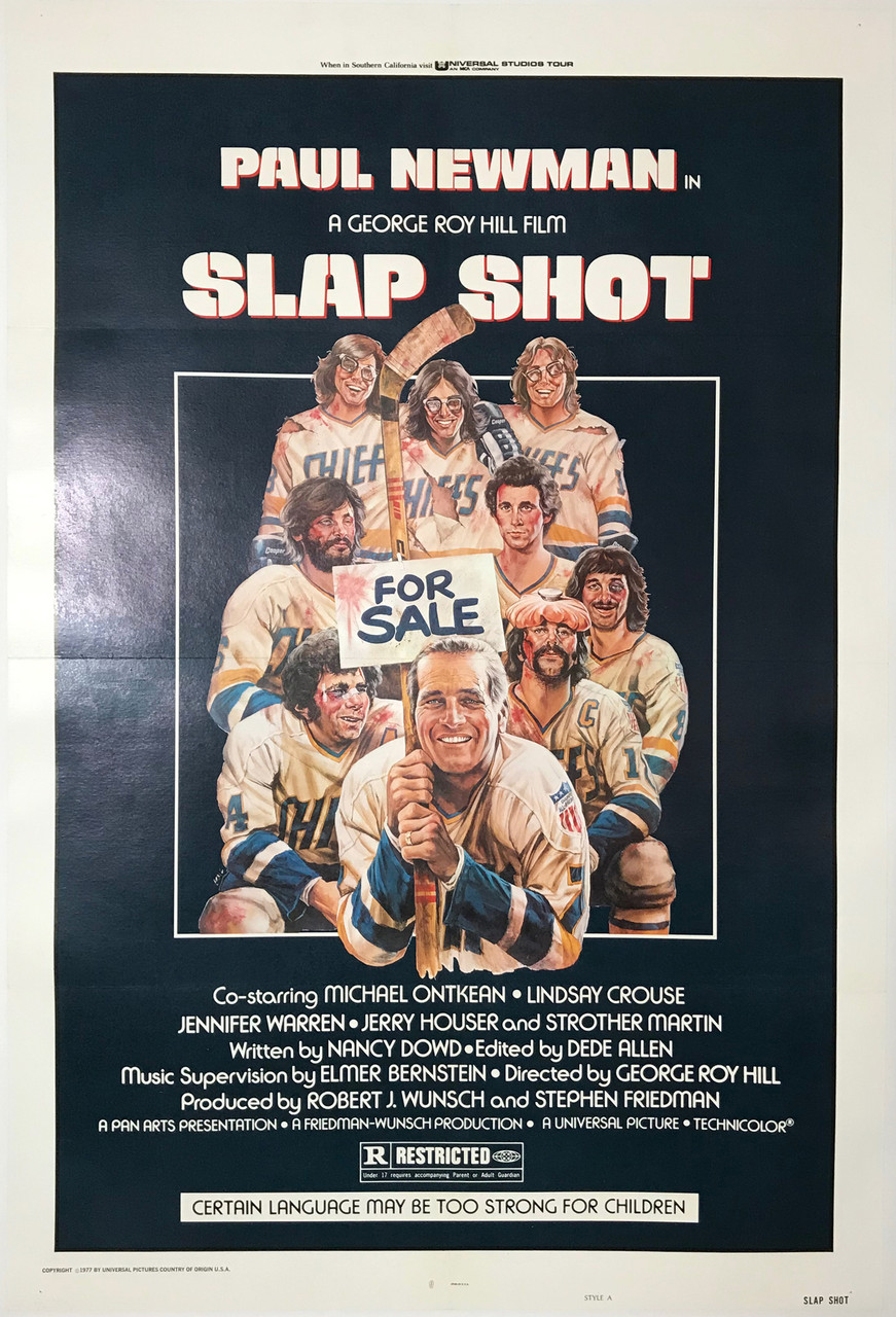 Slap Shot original advertising lithography movie poster from 1977 USA. Shows a ice hockey team on the black background.