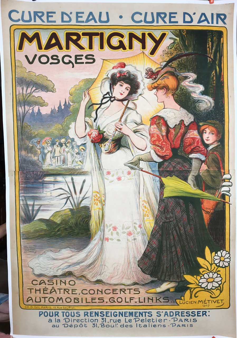 Martigny Vosges Train Poster by Lucien Metivet from 1907 France Stunning and Rare. Original vintage travel posters.