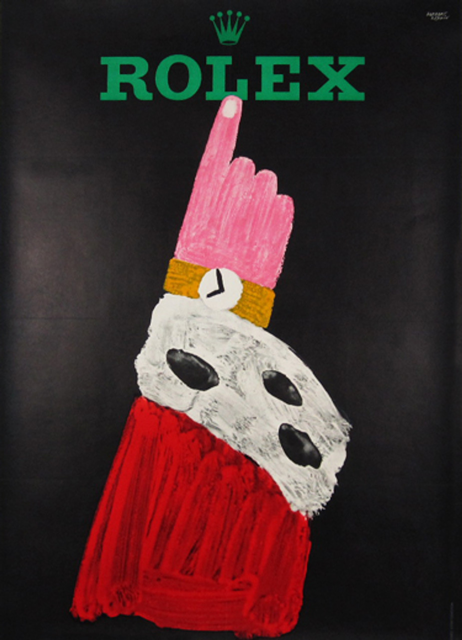 Rolex original advertisement lithography vintage poster by Herbert Leupin from 1959 Switzerland. Shows a Santa Claus's arm wearing a watch pointing up towards Rolex on a black background.