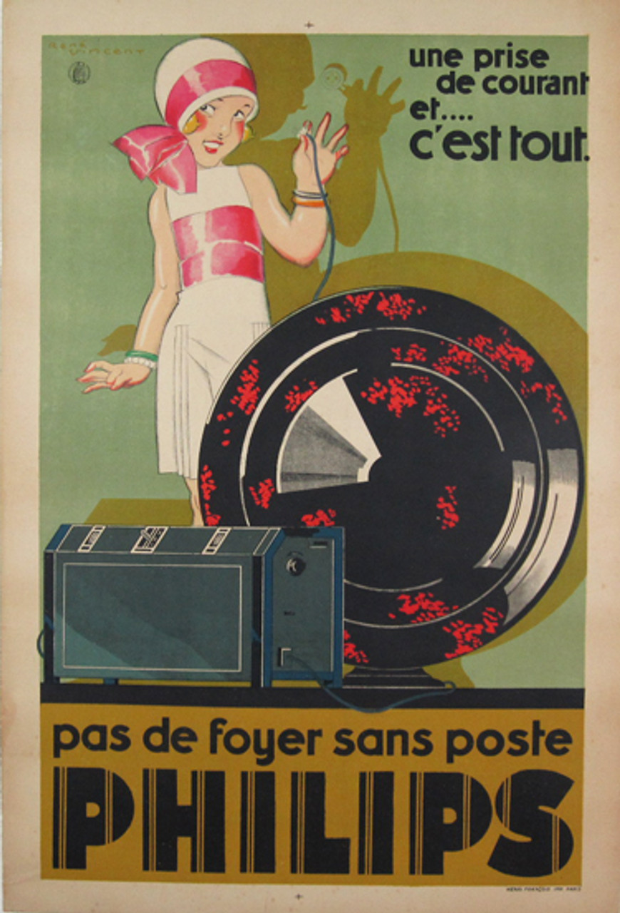 Philips original advertisement lithography antique poster by Rene Vincent from 1928 France.