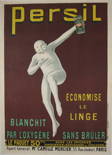 Persil French original vintage poster from 1911 by Leonetto Cappiello. Advertising laundry detergent features a man all in clean white holding up a box of soap