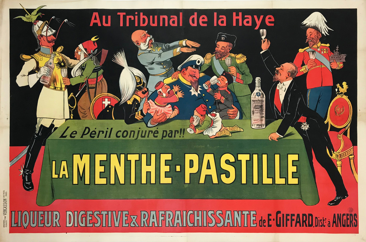 La Menthe Pastille by Eugene Oge Original 1913 Vintage French Cordial Advertisement Stone Lithograph Poster Linen Backed. French wine and spirits poster features a table packed with world leaders, soldiers, cherub, etc drinking together. Original Antique Posters.