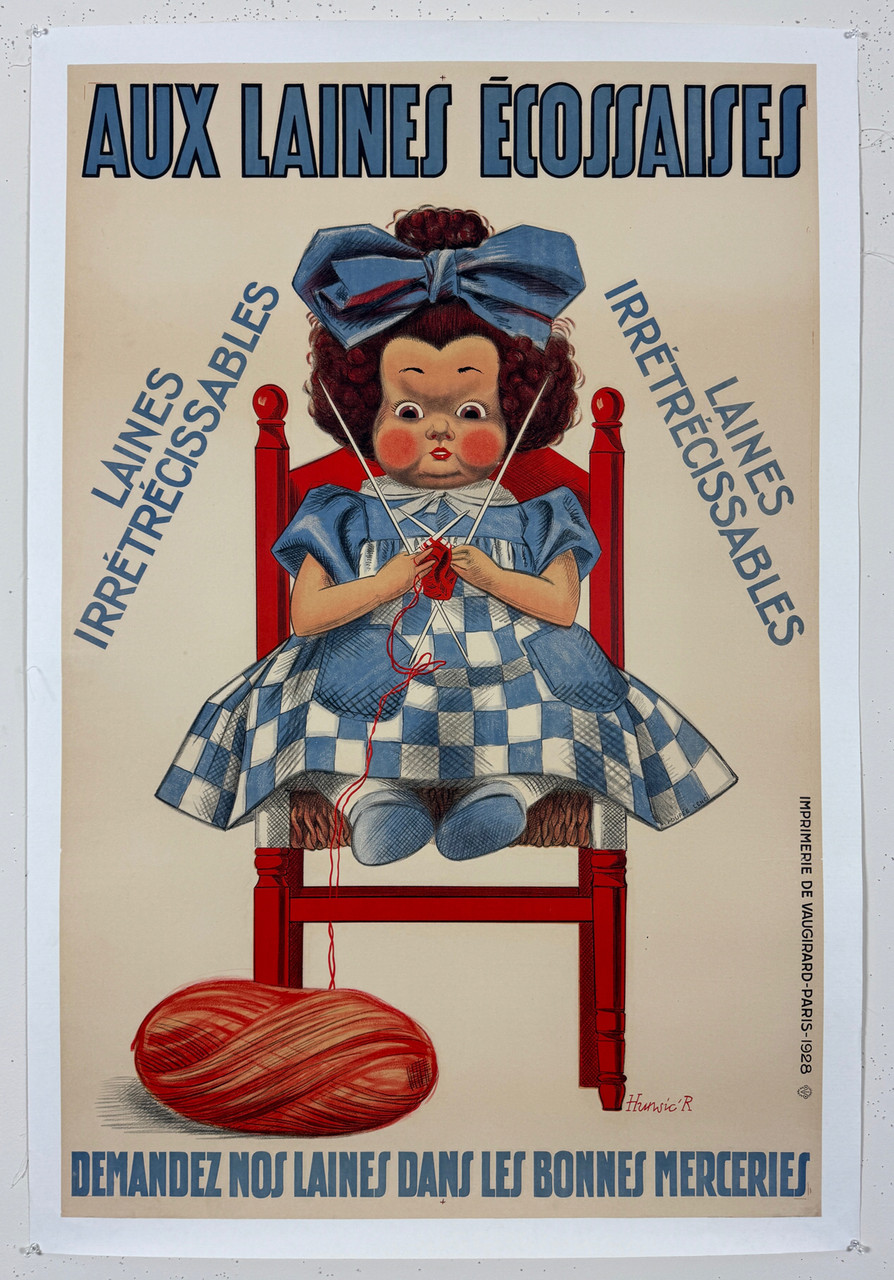 Aux Laines Ecossaises Poster by R. Hunsic Original 1928 Vintage French Yarn Company Advertisement Stone Lithograph Linen Backed.
