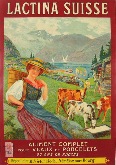 Lactina Suisse original advertising lithograph antique poster by Dellepiane from 1912 France. Shows a woman with basket on her back on mountains background.
