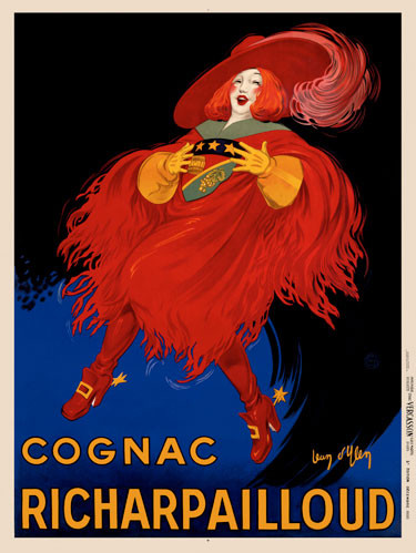 Cognac Richarpailloud original advertisement lithography vintage poster by d'Ylen from 1930 France. Shows a nobleman dressed in an elaborate red costume with feathered hat.