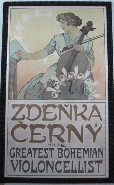 Zdenka Cerny The Greatest Bohemian Violoncellist original advertising lithograph antique poster by Alphonse Maria Mucha from 1913 Czech. Shows a woman holding a violoncello looking to the notes.