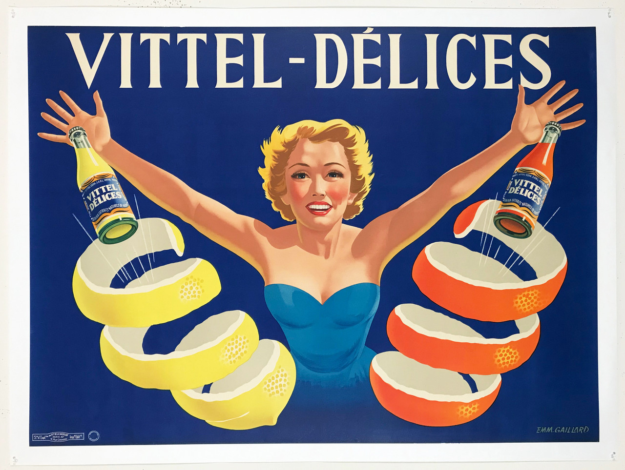 Vittel Delices by Emm Gaillard Original 1952 Vintage French Citrus Drink Advertisement Poster Linen Backed.