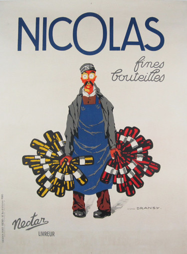 Nicolas Vins Fines Bouteilles Poster by Dransy Original 1930 Vintage French Wine Store Stone Lithograph Advertisement Linen Backed.
