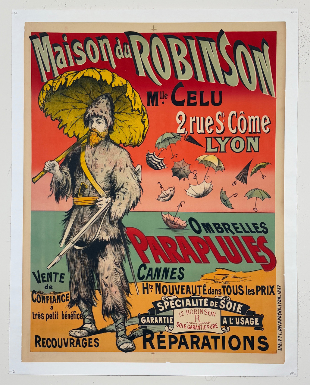 Maison du Robinson Parapluies Ombrelles Poster by Delaroche Original 1907 Vintage French Umbrella Company Stone Lithograph Advertisement Linen Backed.
