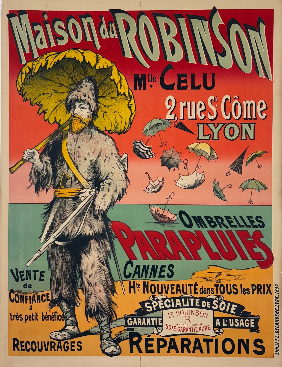 Maison du Robinson Parapluies Ombrelles Poster by Delaroche Original 1907 Vintage French Umbrella Company Stone Lithograph Advertisement Linen Backed.