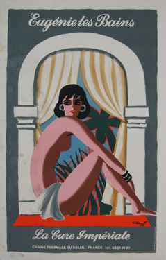 Eugenie les Bains original advertisement lithography vintage poster by Bernard Villemot from 1988 France. Shows a nude woman sitting in front of a window with curtains and palm trees with gray walls.