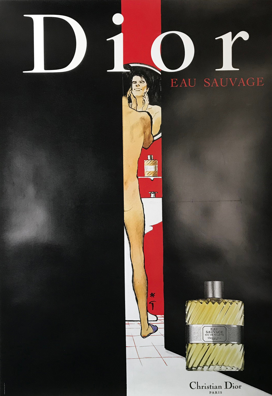 Dior Eau Sauvage Poster by Rene Gruau Original 1979 Vintage French Cologne Advertisement Lithograph Linen Backed. Shows a naked man standing before a mirror and sink in  the bathroom with bottle of perfume on the black background.