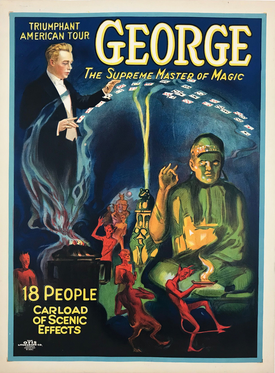 George The Supreme Master of Magic (Buddha) Original 1928 Vintage American Magic Show Advertisement  Lithograph Poster Linen Backed.