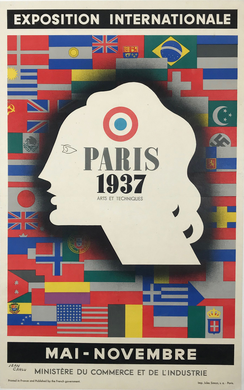 Exposition Internationale Paris 1937 Poster by Jean Carlu Original 1937 Vintage French  Stone Lithograph Art and Industry Show Advertisement Linen Backed.