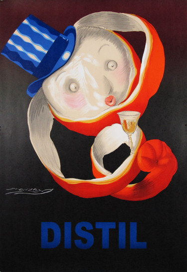 Distil by Mauzan 1998 France - This vertical French poster features a face on a partly pealed orange wearing a blue top hat holding a stemmed glass on a black background. Original Antique Posters.