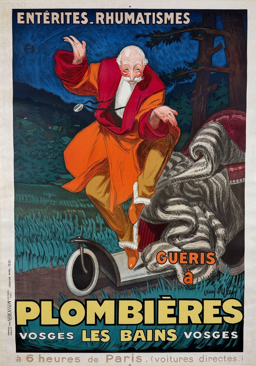 Plombieres Les Bains Poster By Jean D'Ylen Original 1931 Vintage French Stone Lithograph Train Travel Advertisement Linen Backed.