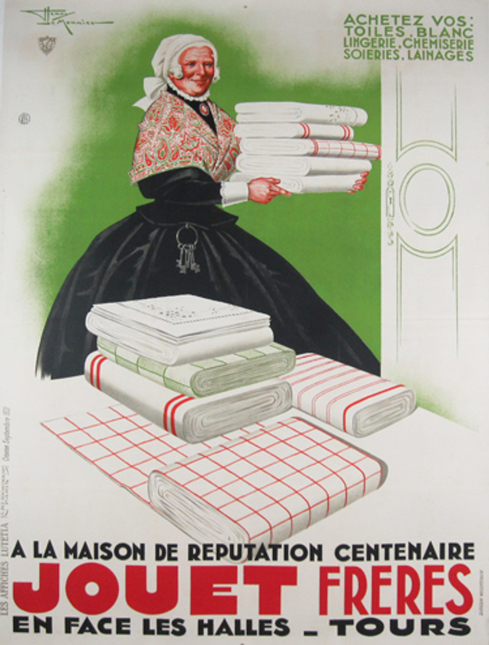 Jouet Freres by Henry Le Monnier original vintage poster from 1933 France. This original antique poster features a woman wearing black dress, holding folded tablecloths.