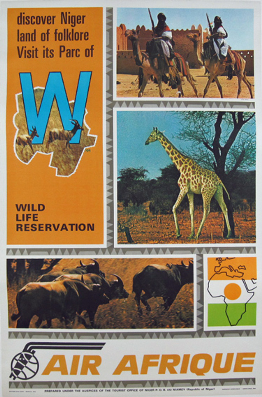 Air Afrique Wild Life Reservation original travel poster from 1970.
