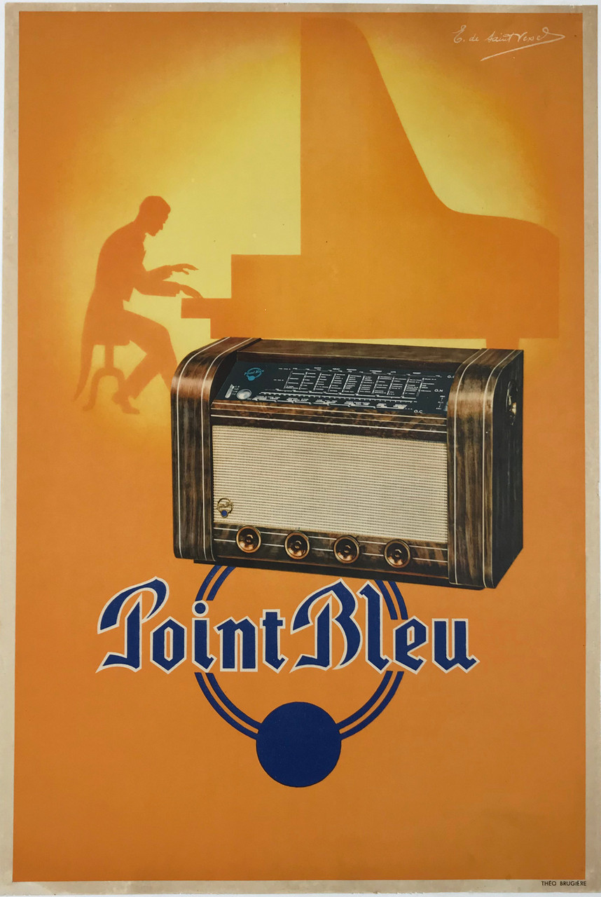 Point Bleu Radio Original Vintage French Advertising Poster from 1938 Linen Backed. French product poster features a brown radio with the silhouette of a man playing the piano behind it and blue circles and text below.