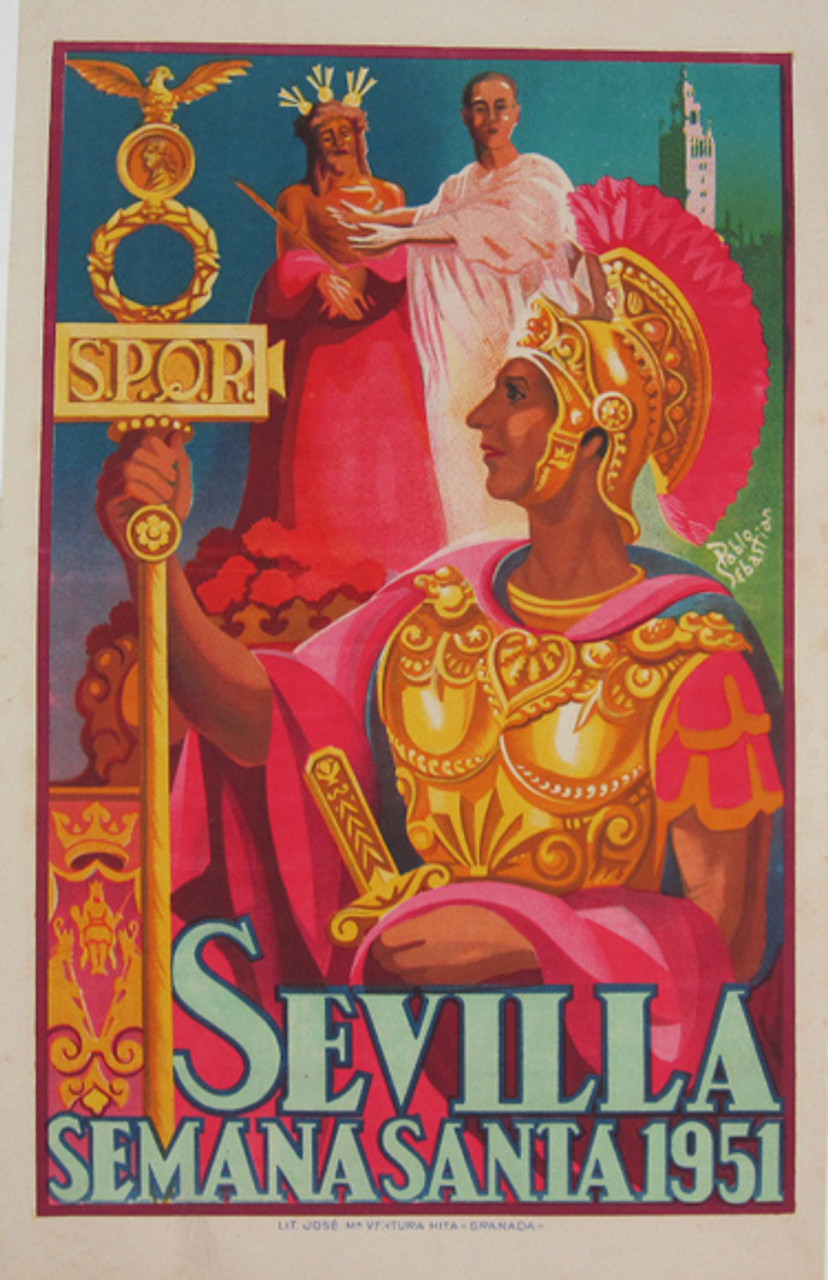 Sevilla Sevilla original advertising travel poster by P. Sebastian from 1951 Spain.