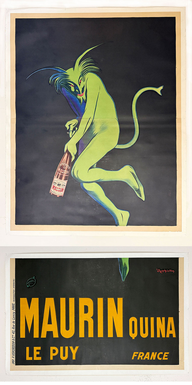Maurin Quina Poster By Leonetto Cappiello Original 1906 Vintage French THREE SHEET Billboard Stone Lithograph Advertisement Linen Backed. Mounted on two separate pieces of linen backing that can be combined. We have  3-Sheet Billboards UNBACKED for sale also.