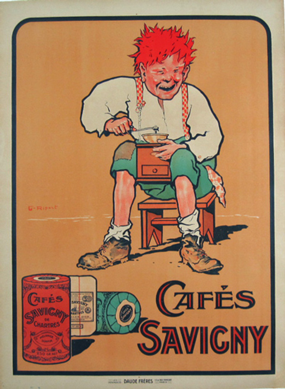 This French poster features a men who sitting on a stool and between his legs holding a coffee grinder. Cafes Savigny- Original Vintage Food Poster Advertising Caffe by Georges Ripart from 1918.