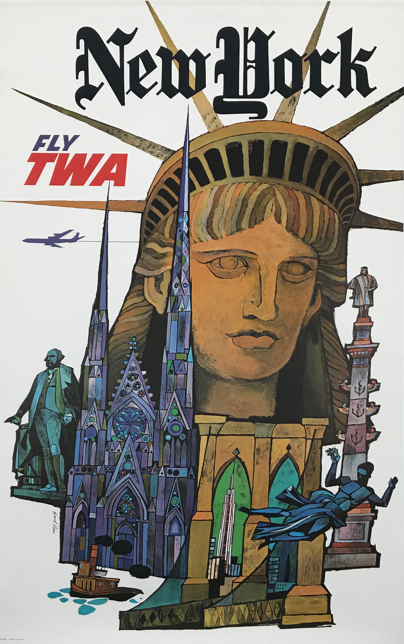 New York Fly TWA by David Klein Original 1960 Vintage American Passenger Airline Travel Advertisement Plate Lithograph Poster Linen Backed.