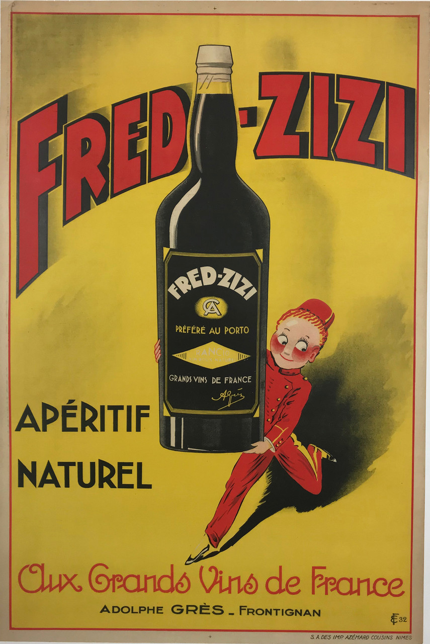 Fred Zizi Aperitif Original Vintage 1932 French Advertising Poster. Poster features a young bellhop in a red uniform and hat running with a giant bottle of liquor on a yellow background. Original Antique Vintage Posters.