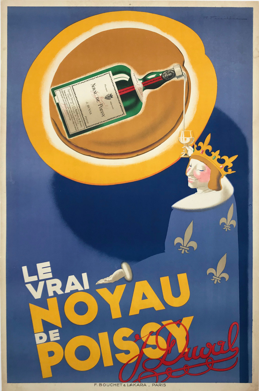 Le Vrai Noyau De Poissy Original 1934 French stone lithograph advertisement poster features a king holding up his glass to a giant bottle floating above pours his drink on a blue background. 