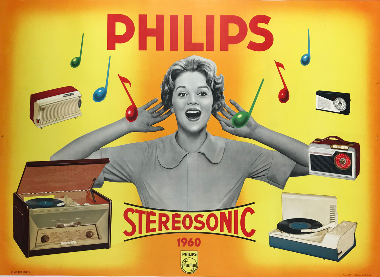 Philips Stereosonic Radio Television Original 1960 French Vintage Advertising Poster by Elvinger Linen Backed