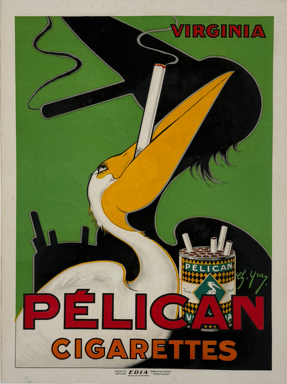Pelican Cigarettes Poster by Yray Original 1930 French Tobacco Co