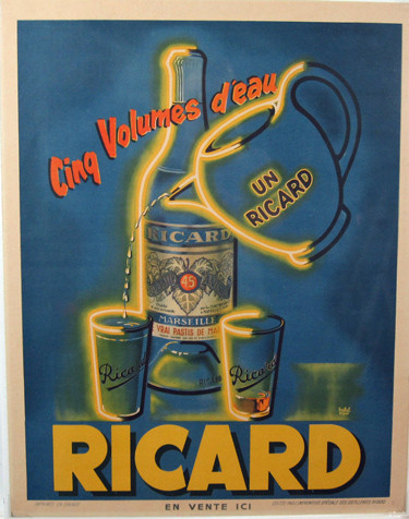 Ricard Aperitif Anise 1935 France. This vertical French poster features a pitcher pouring into a glass in front of a bottle of liquor. Original Antique Posters.