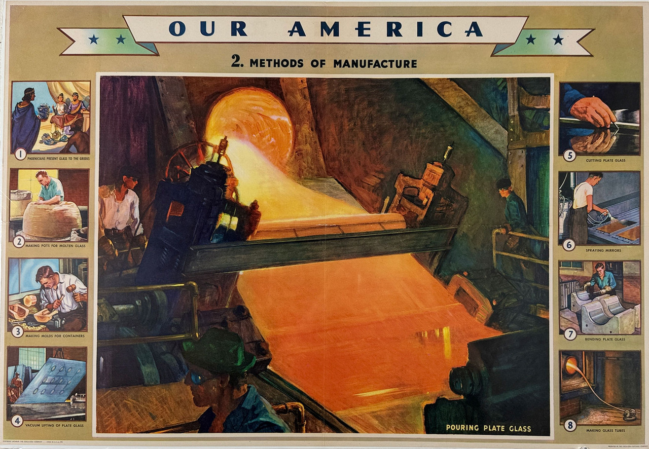 Our America - Methods Of Manufacture #2 Poster Original 1943 Vintage USA Coca Cola Promotional Lithograph Advertisement. "Pouring Plate Glass"