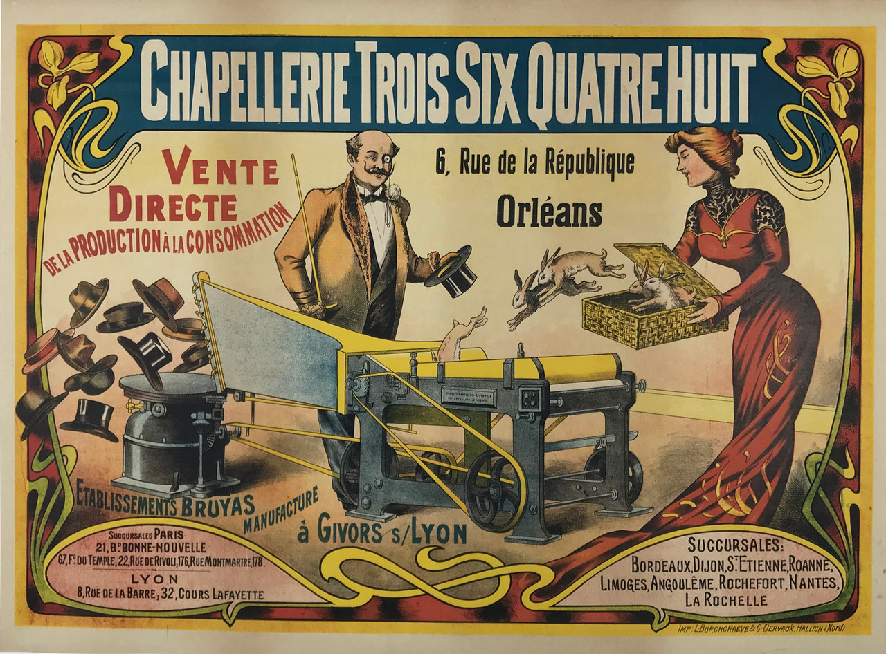 Chapellerie Trois-Six-Quatre-Huit by Imp. J. Bruyere Original 1908 Vintage French hat Company Advertisement Stone Lithograph Poster Linen Backed. This original antique poster features a rabbits jumping into the machine, of which fall out of hats.