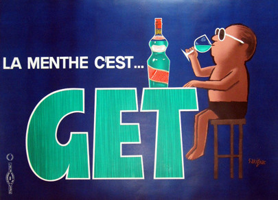 Get La Menthe C'est.. Pippermint original advertisement lithography antique poster by Savignac from 1948 France. Shows a man sitting at the table created from GET word, drinking a glass of alcohol on dark blue background.