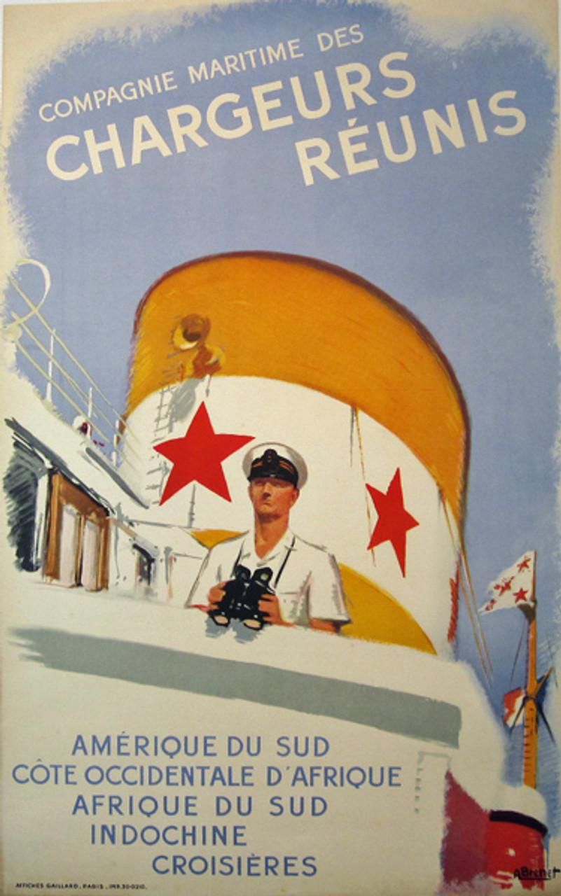 Compagne Maritime Des Chargeurs Reunis original poster by A. Brenet from 1948 France. This vertical French travel poster features captain on the ship who holding binoculars in his hands.
